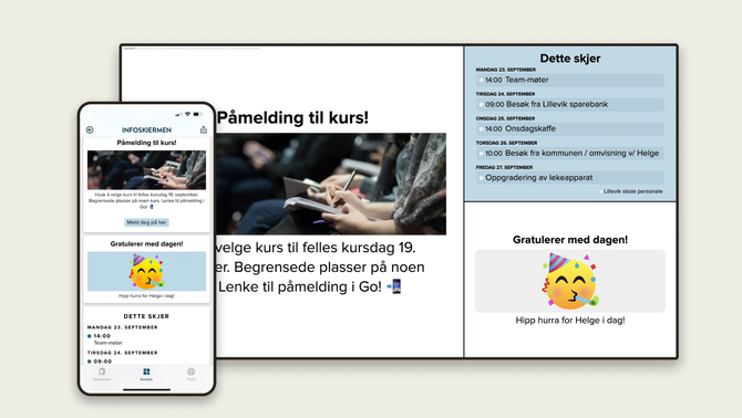 Oppsett for påmelding til reklamekurs med telefonmodell, skogbanner og blått informasjonspanel på hvit bakgrunn