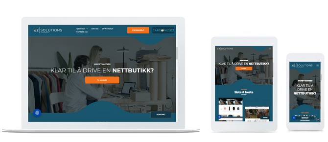 Responsiv nettside for hjemmeside vist på bærbar PC, nettbrett og telefon med blågrønn header og hero-banner