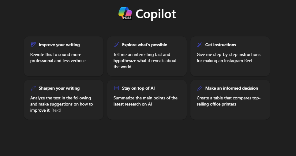 Mørk Copilot-hjemmeside som viser seks funksjonskort i et rutenett under Copilot-logoen.
