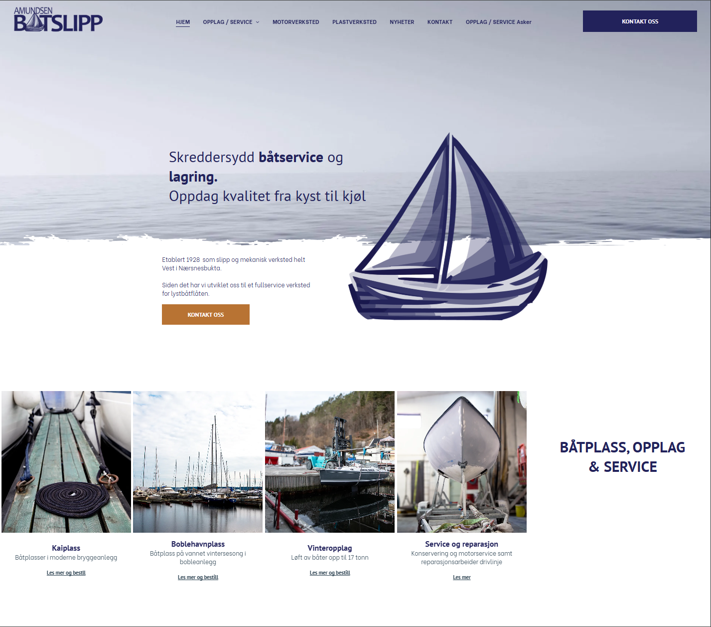Hjemmeside med seilbåttema, marinelogo, illustrasjon av helteseilbåt og servicebilder nedenfor