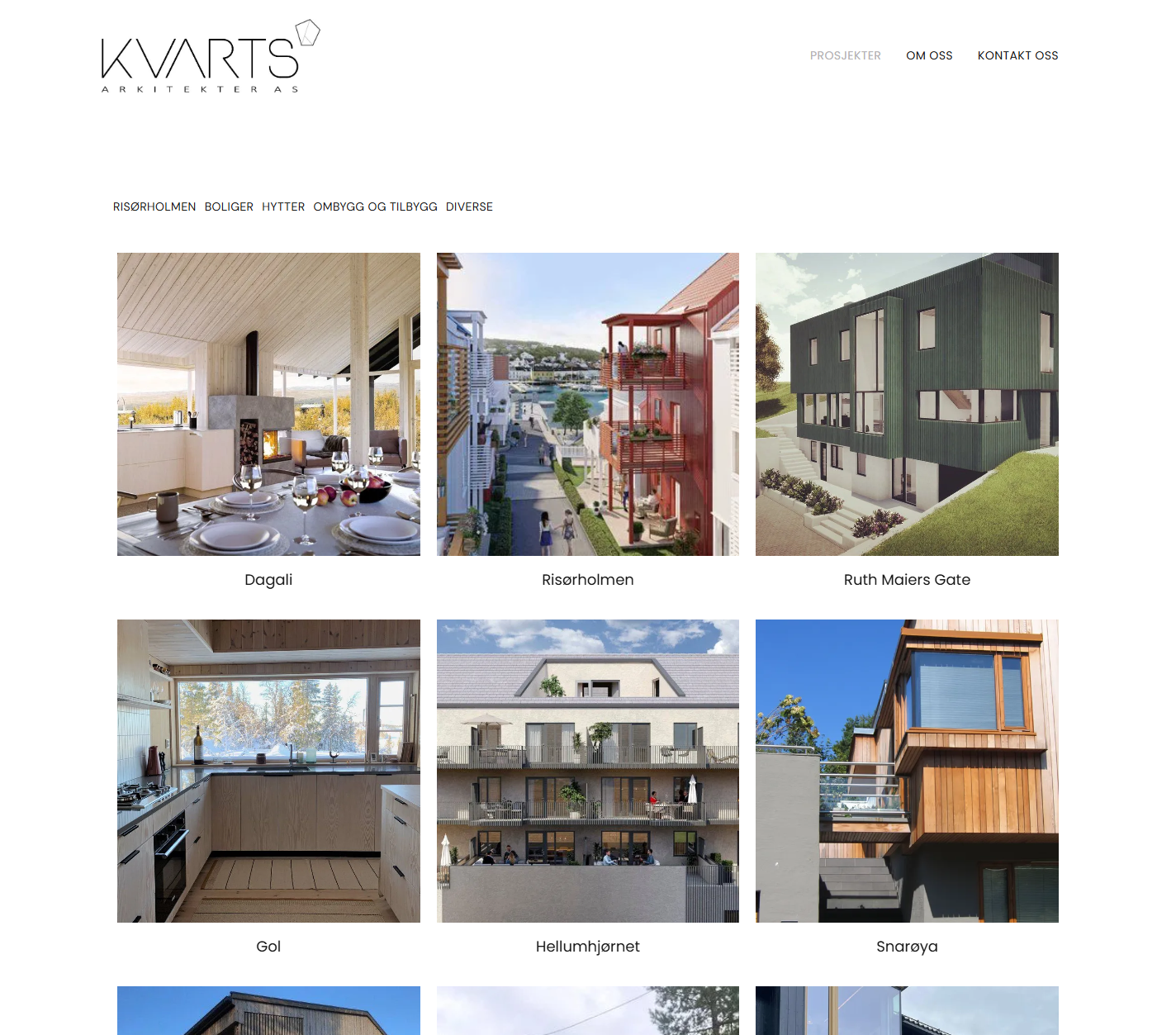 Nettstedgalleri som viser et rutenett med bilder av moderne hus og interiørprosjekter med minimalistisk hvit layout