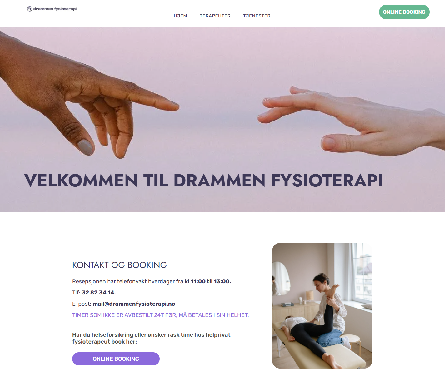 Drammen Fysioterapis nettside med pastellfarget banner av utstrakte hender og en kontaktseksjon for timebestilling