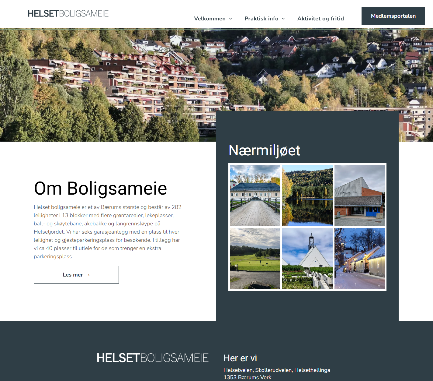 Hjemmeside for eiendomsnettsted med bybanner, «Om Boligsameie»-seksjonen og rutenett med nabolagsbilder
