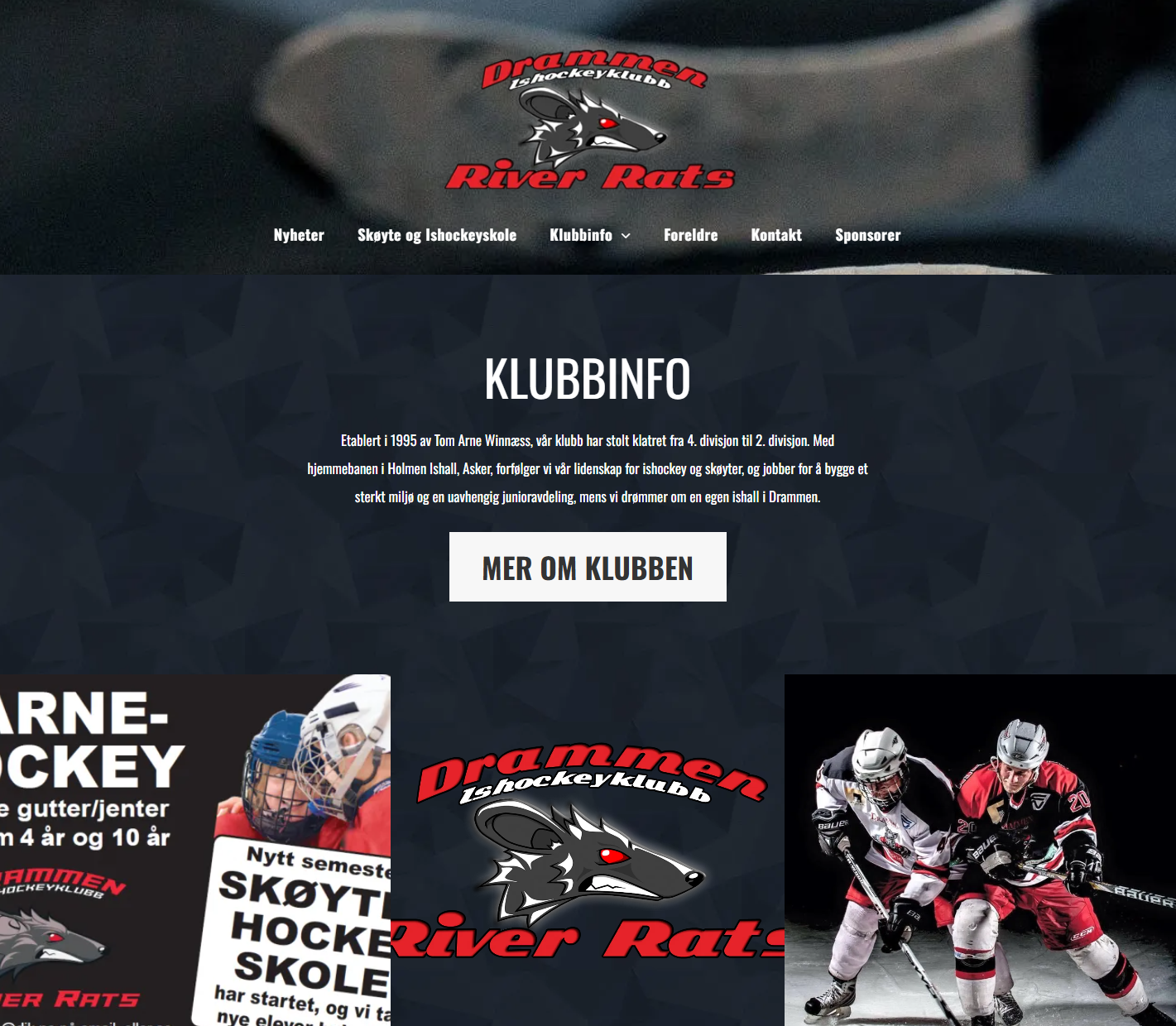 Hockeyklubbens nettsted for River Rats med klubbinformasjon og spillerbilder på mørk bakgrunn