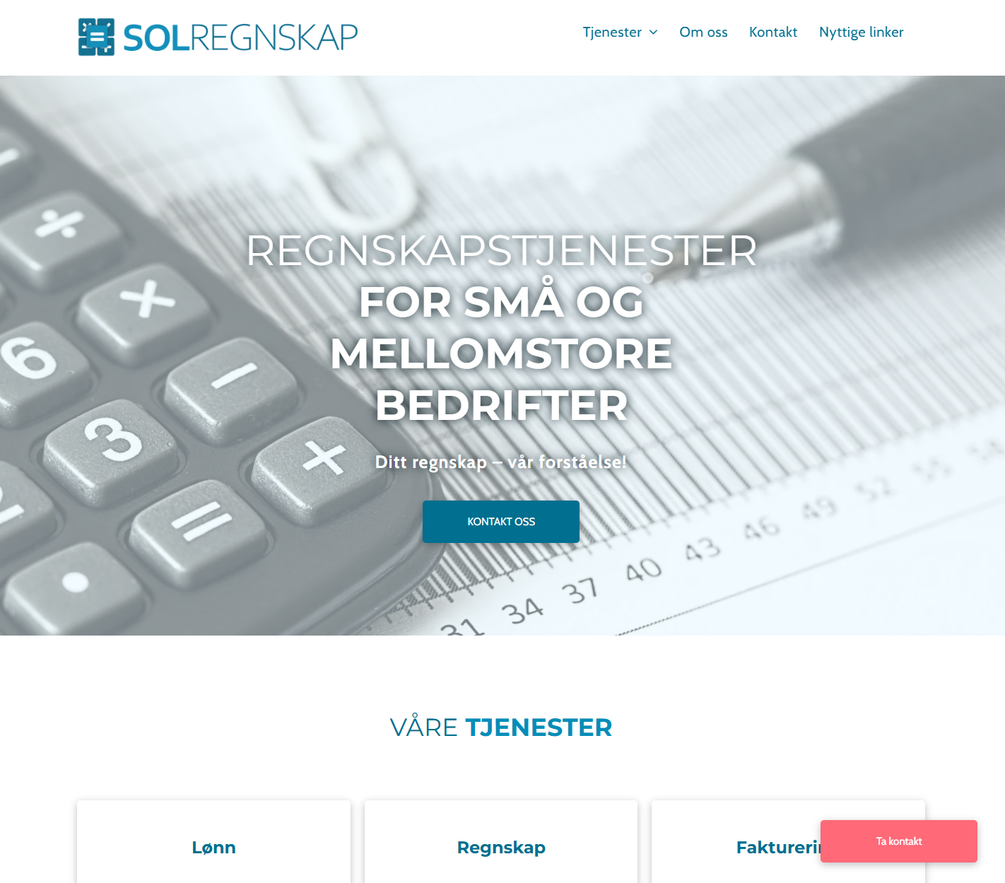 Hjemmeside for Solregnskap, med kalkulatorbakgrunn og tekst for regnskapstjenester for små og mellomstore bedrifter