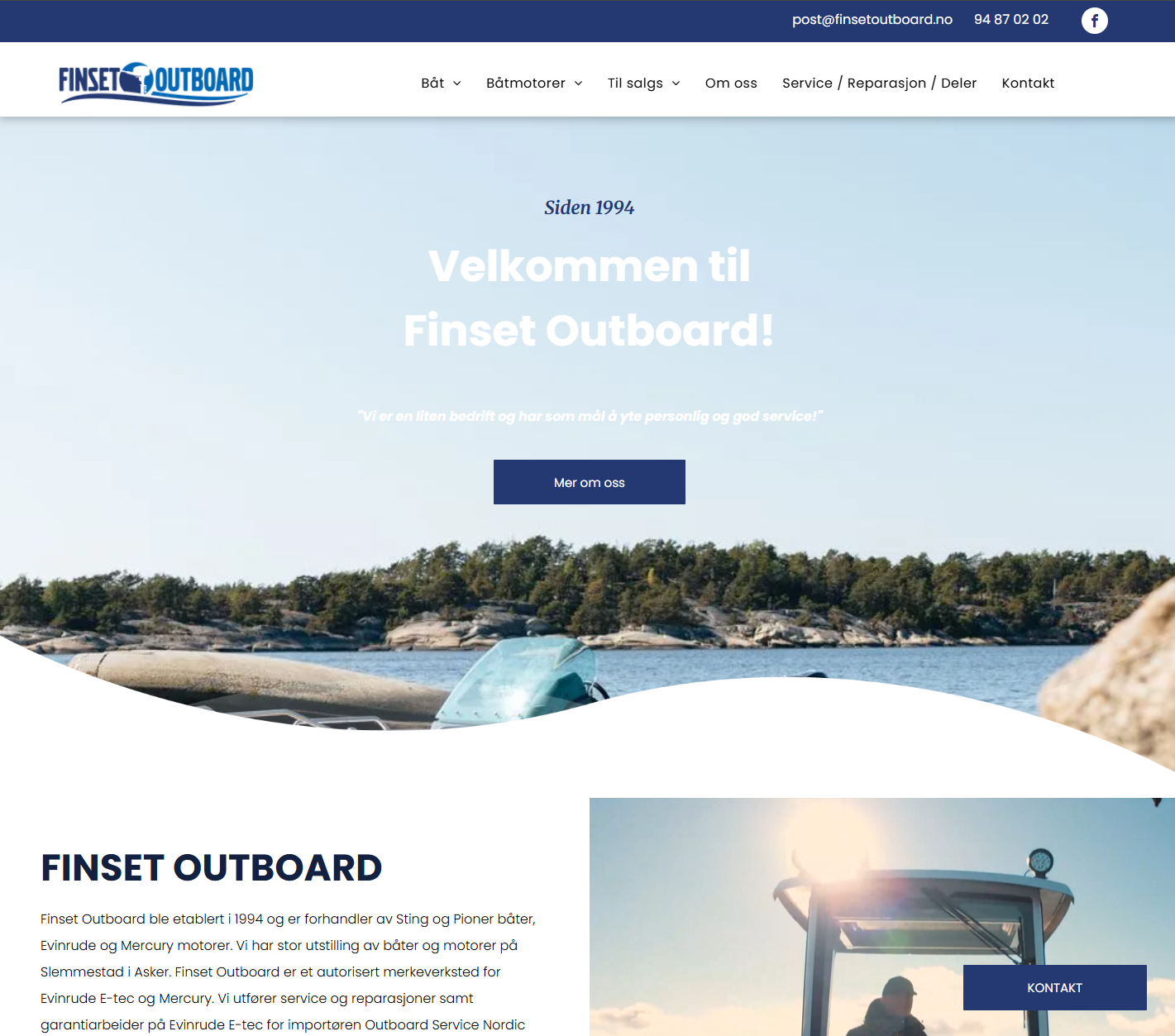 Hjemmesiden til Finset Outboard, med en båt på vannet og et blått heltebanner