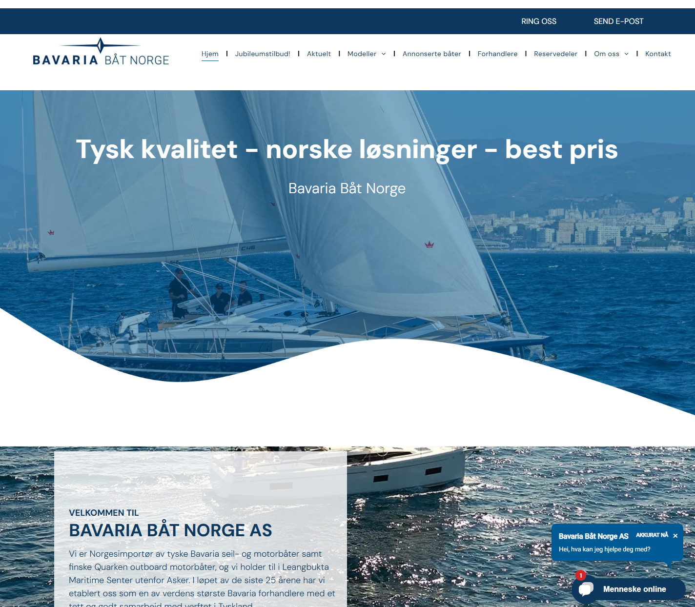 Bavaria Yacht Norges hjemmeside med seilbåtheltebilde og norsk tekst om kvalitet og beste pris