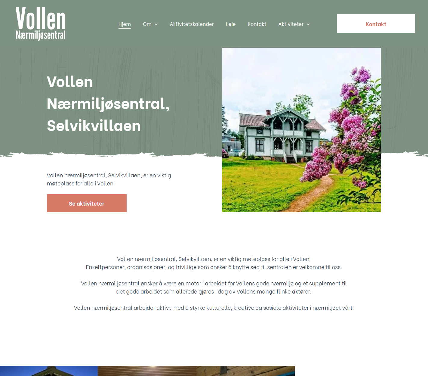 Vollen Nærmiljøsentrals hjemmeside med hus, blomster og grønn plen