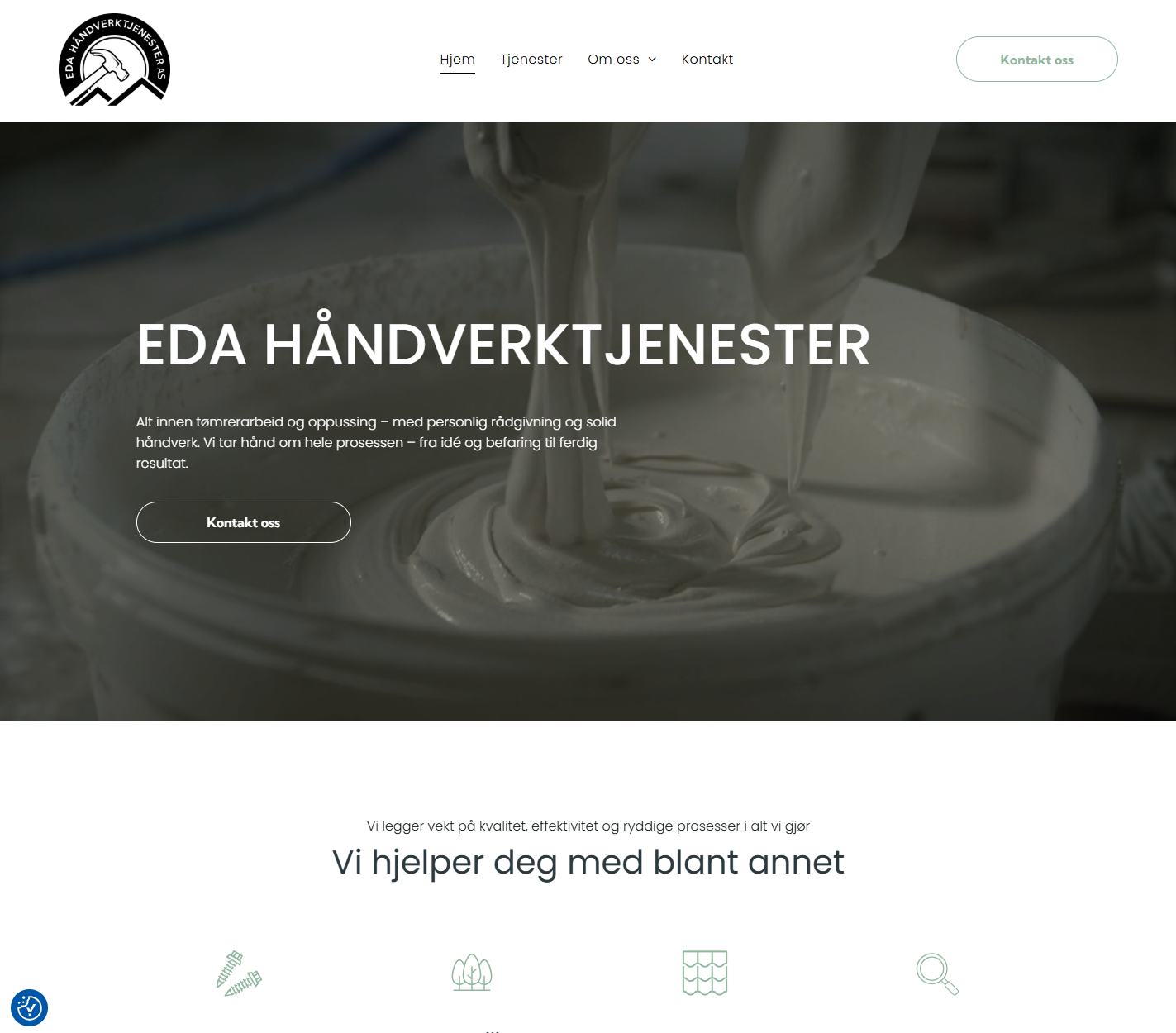 Website hero banner for EDA Håndverkstjenester with carpenter drilling wood and a “Kontakt oss” button