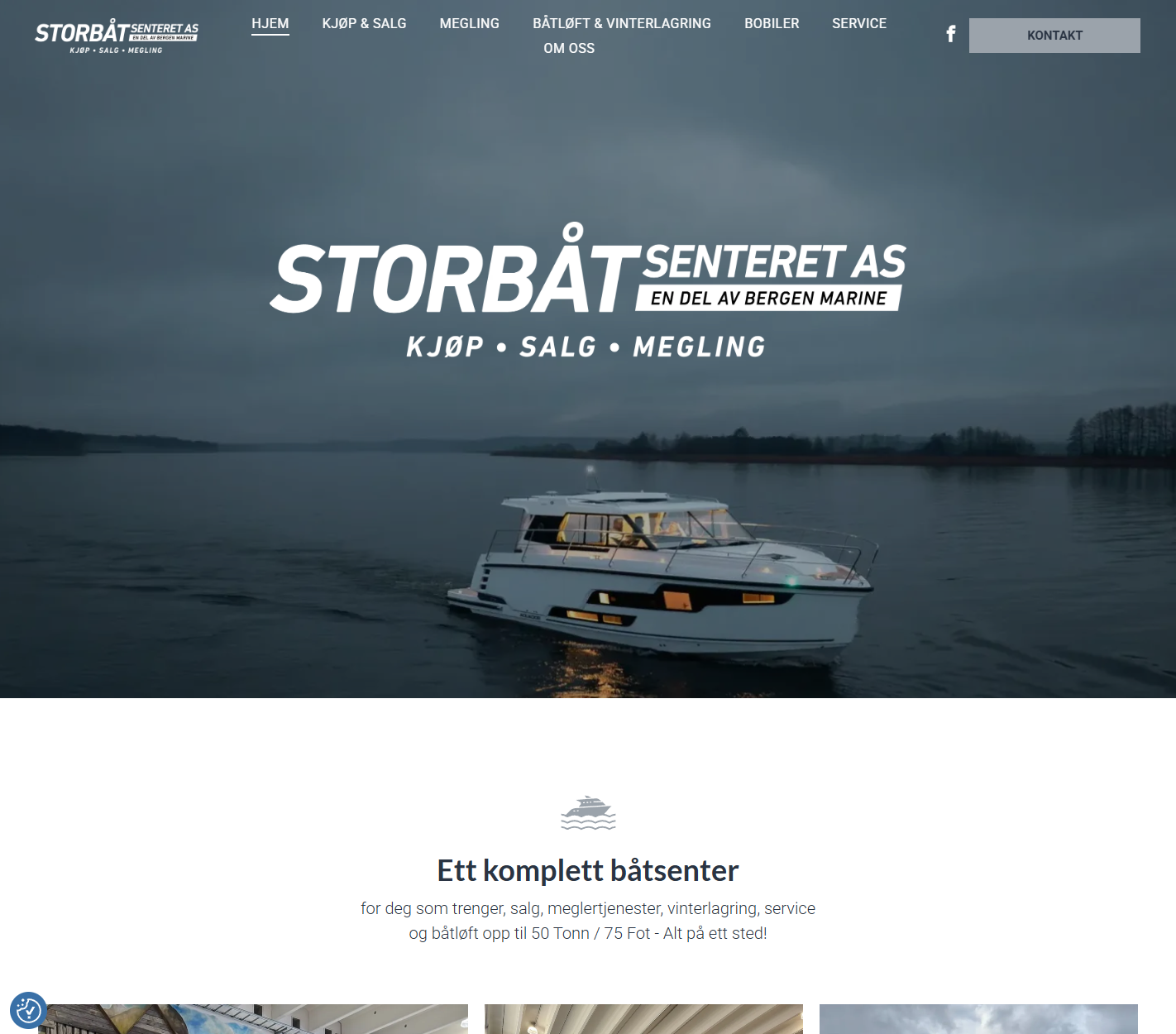 Website homepage for Storbåt Senteret AS showing a yacht on calm water at dusk