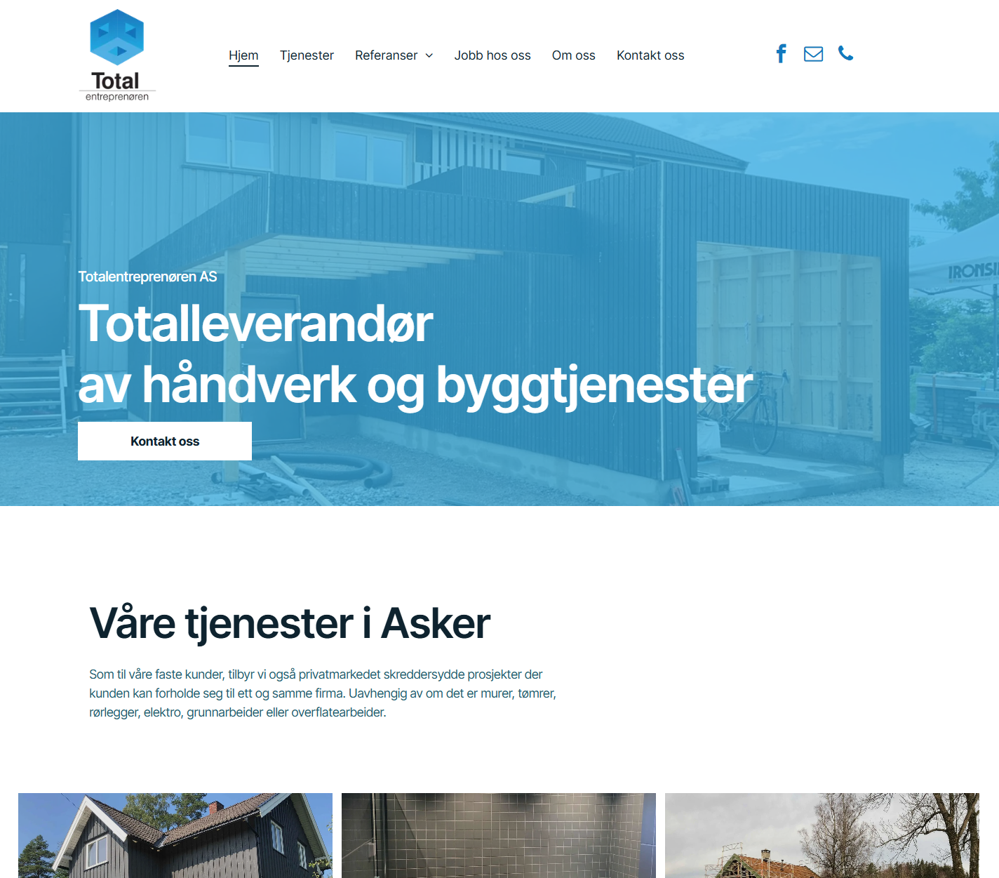 Nettsted for Total med blå toppbanner og teksten «Totalleverandør av håndverk og byggtjenester»