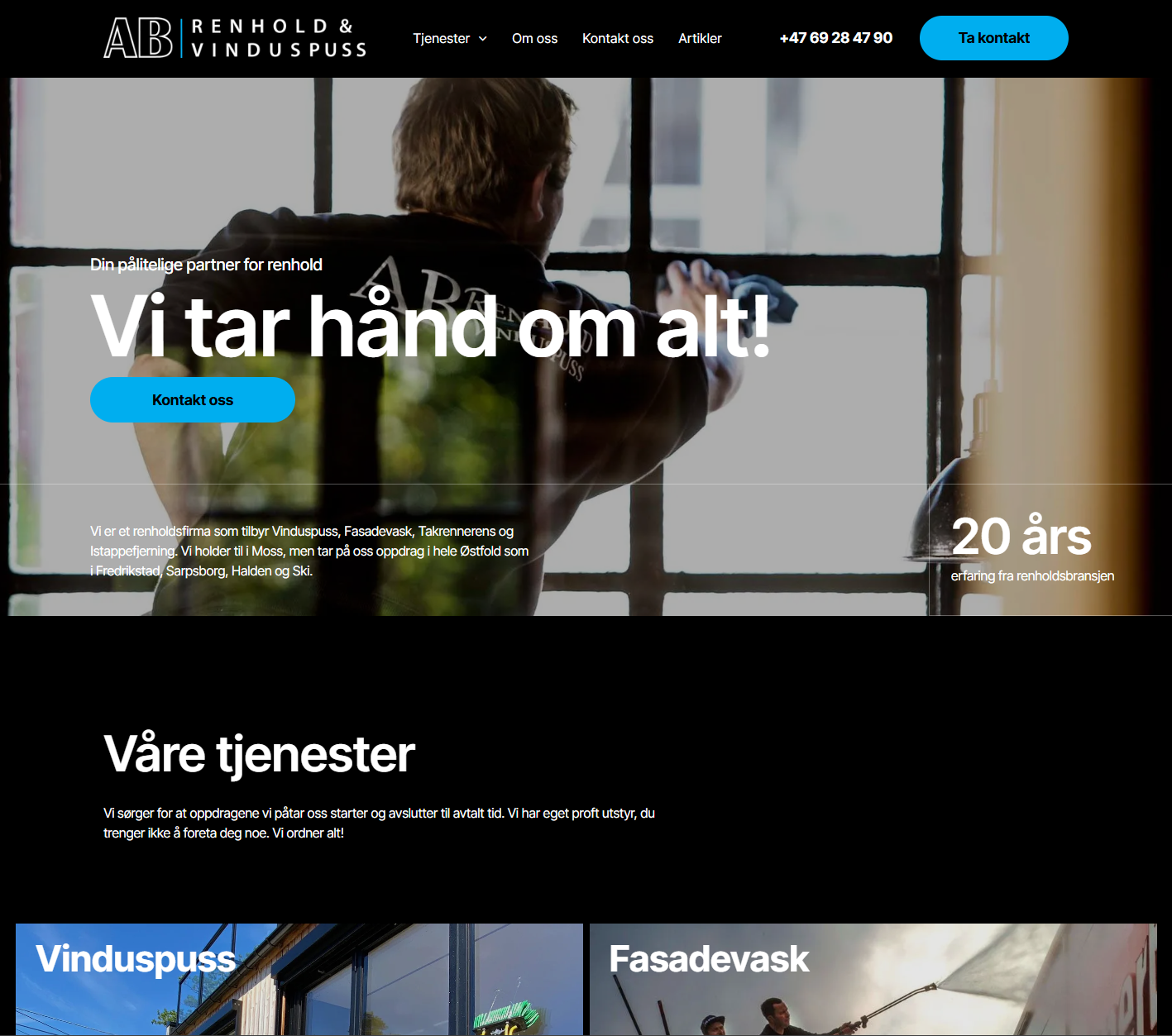 Nettsidehelt for vindusvaskfirma, med en arbeider som vasker et vindu og teksten «Vi tar hånd om alt!»