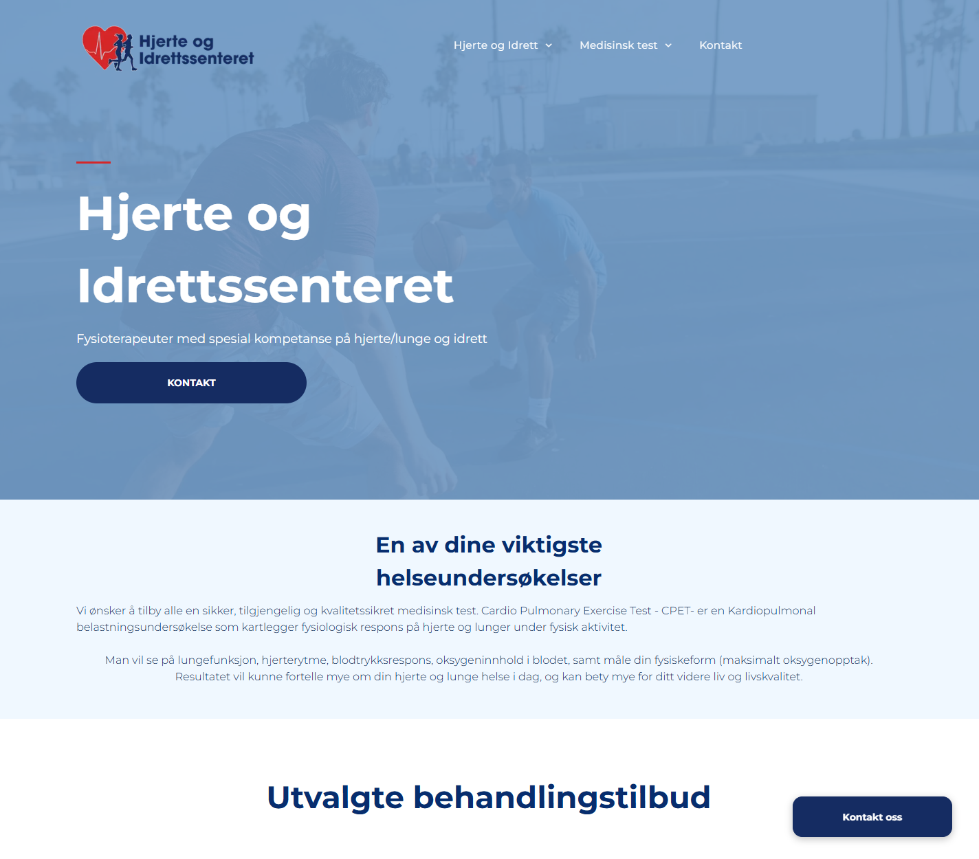 Hjemmeside for Hjerte og Idrettssenteret med blå toppbanner og seksjon for utvalgte behandlingstilbud