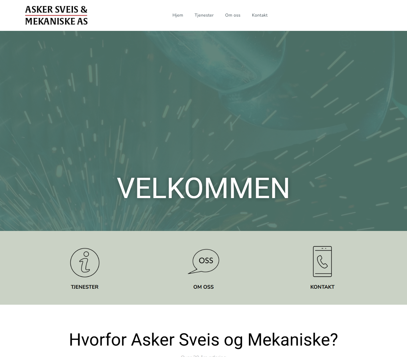 Website homepage for Asker Sveis og Mekaniske AS with green header and “VELKOMMEN” text