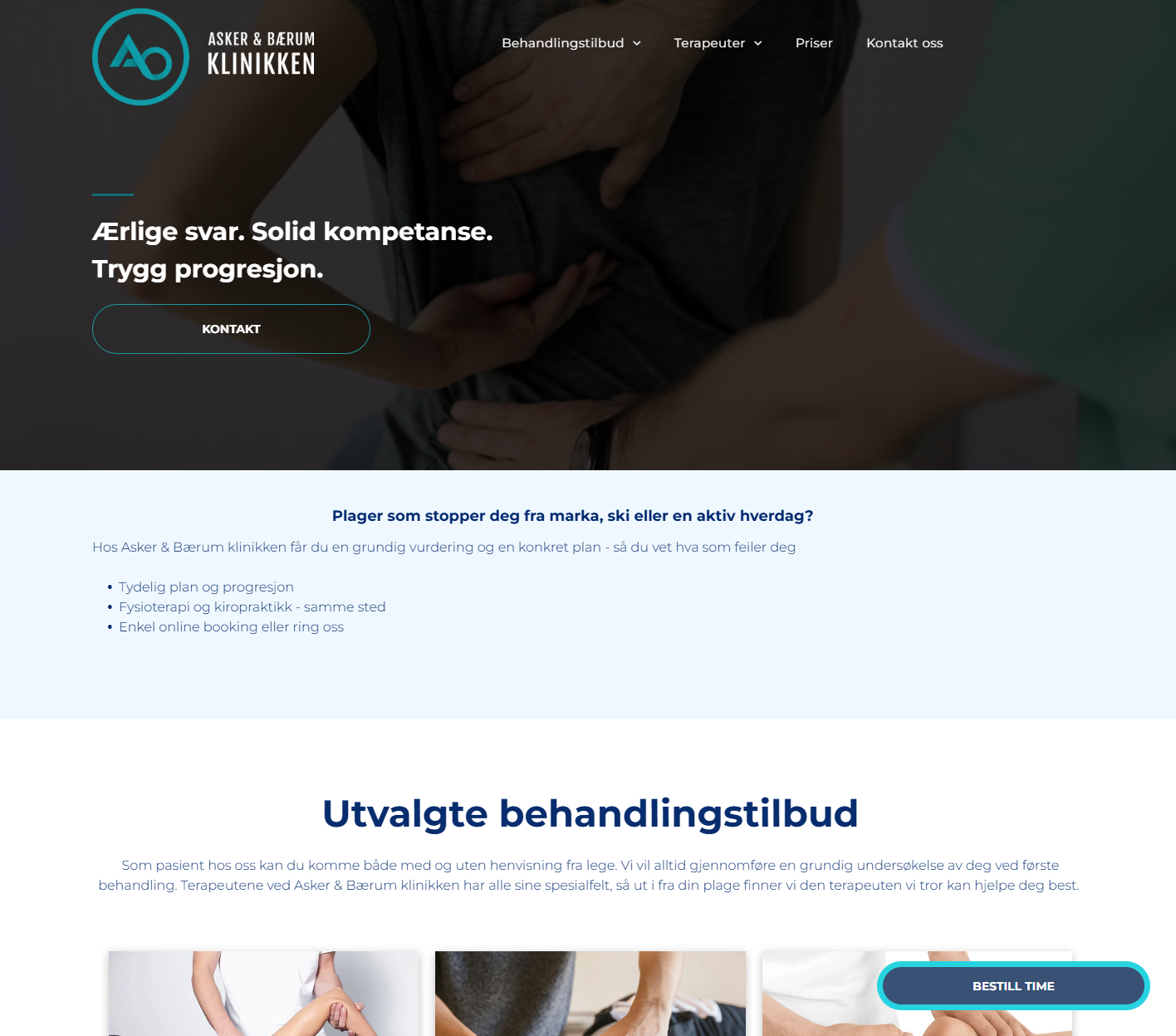 Nettsted for en fysioterapiklinikk med et heltebanner, logo og en seksjon med behandlingskort og «Utvalgte behandlingstilbud».