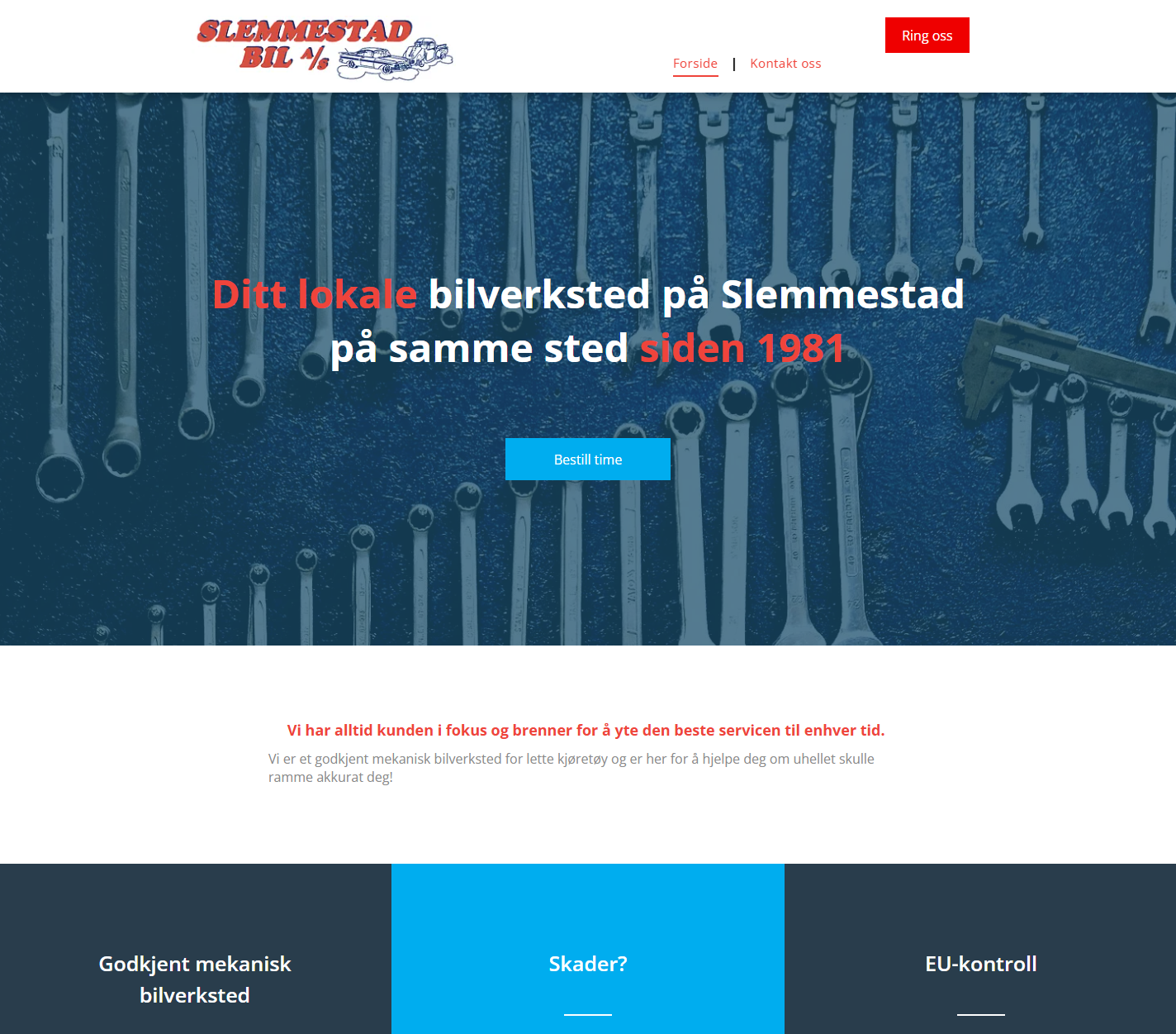 Website hero banner with tools, white and blue text: “Ditt lokale bilverksted på Lillestrøm siden 1981”