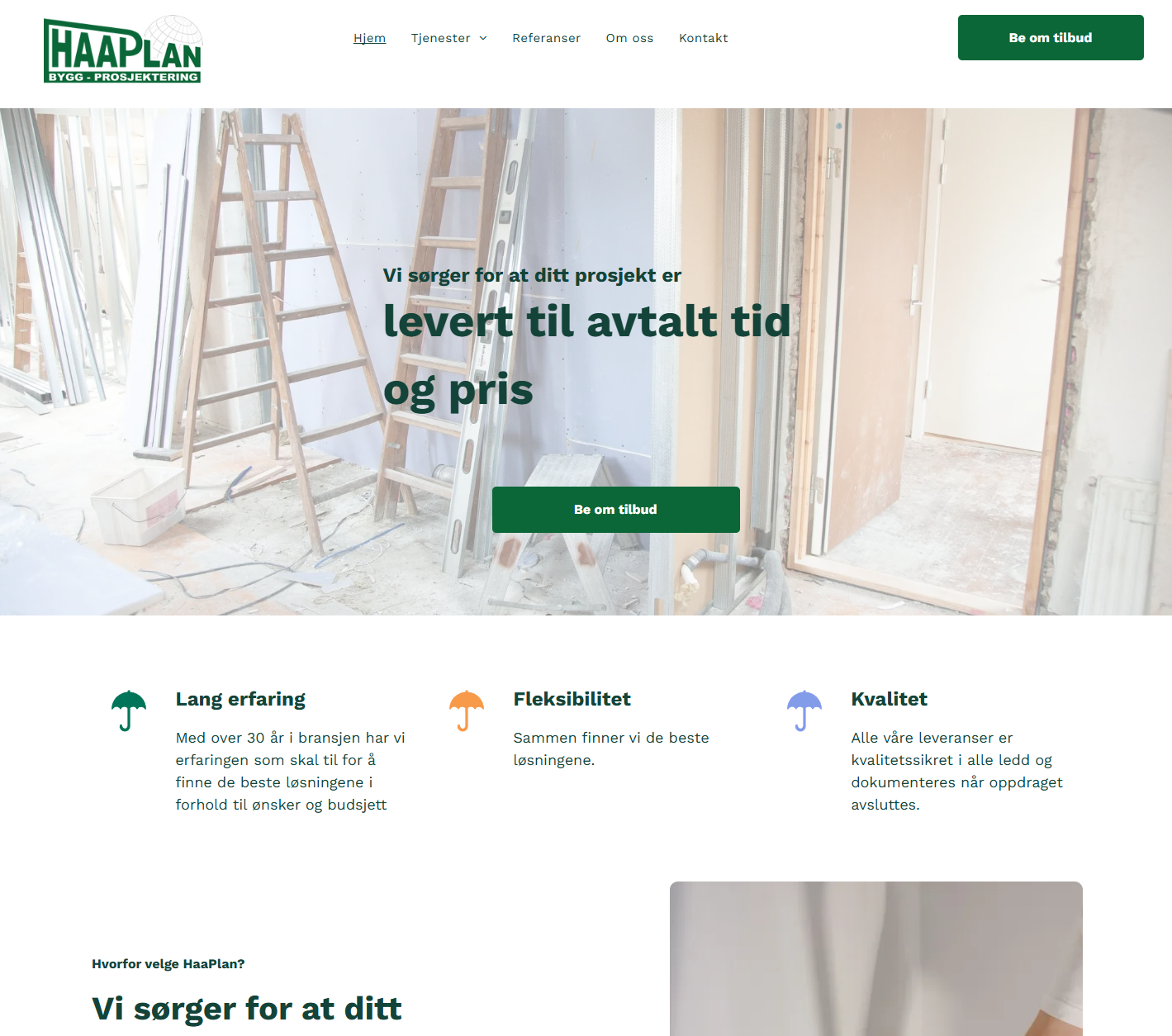 Hjemmeside for HAAPLAN maletjenester med grønn merkevarebygging og et lyst bilde av en helt for romrenovering
