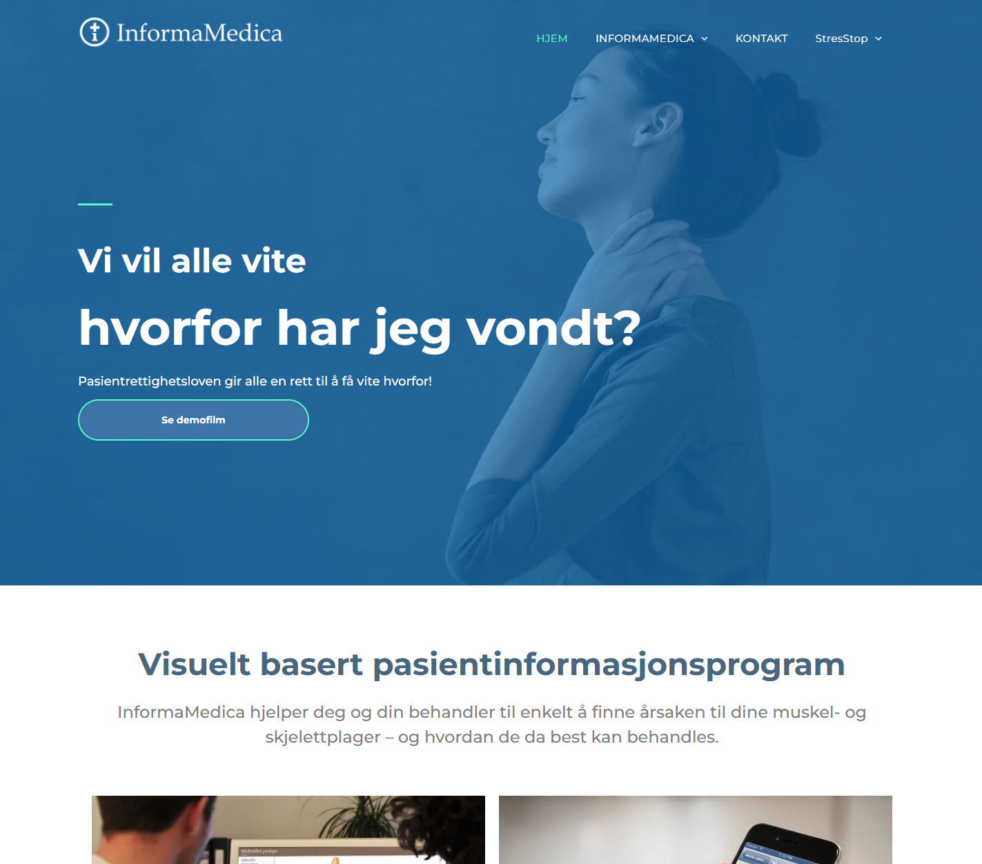InformasjonsMedica nettside med blå toppbanner og teksten «vi vil alle vite hvorfor har jeg vondt?»