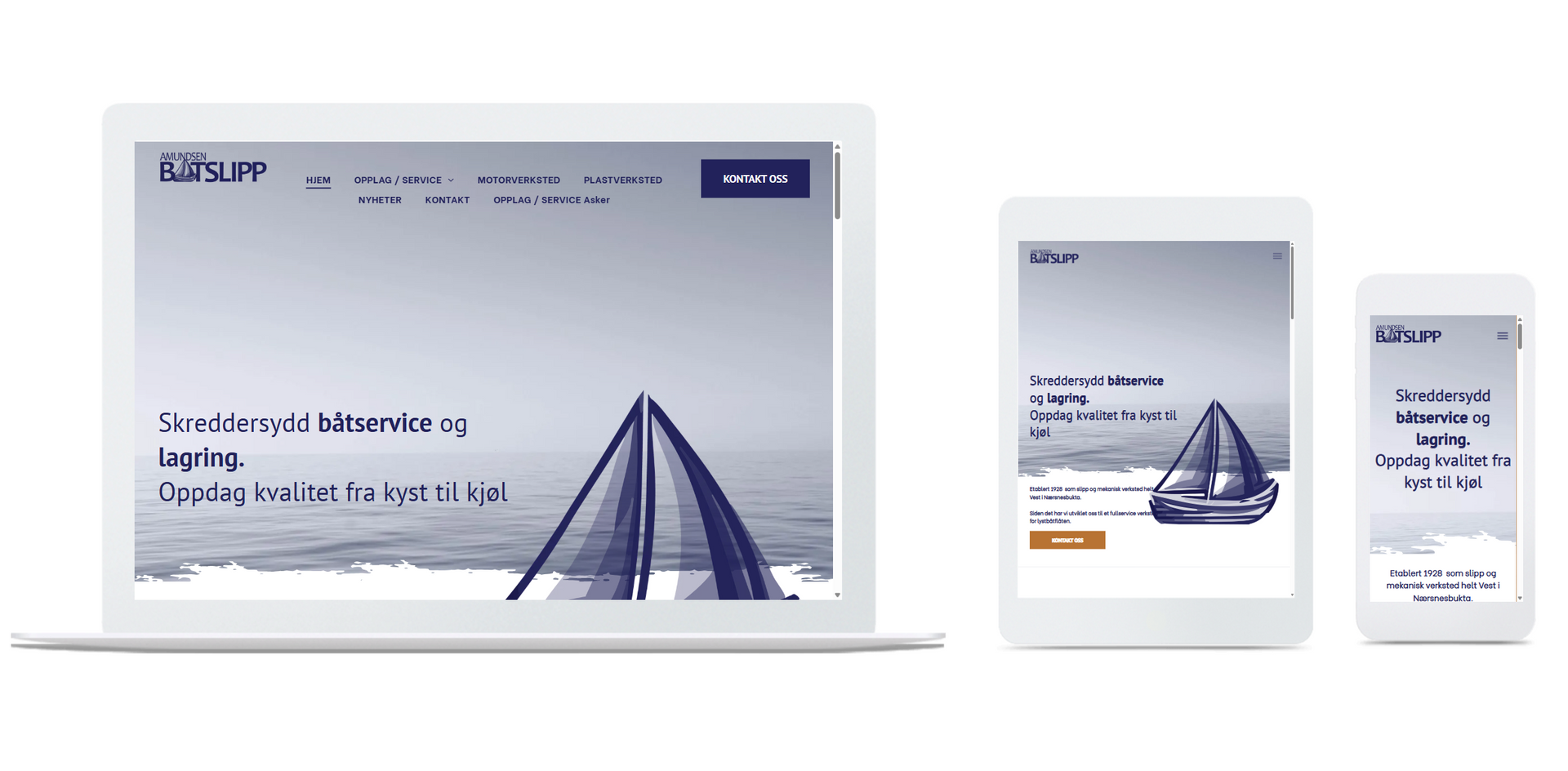 Responsiv nettsidemodell vist på bærbar PC, nettbrett og telefon med et blått seilbåtheltebilde