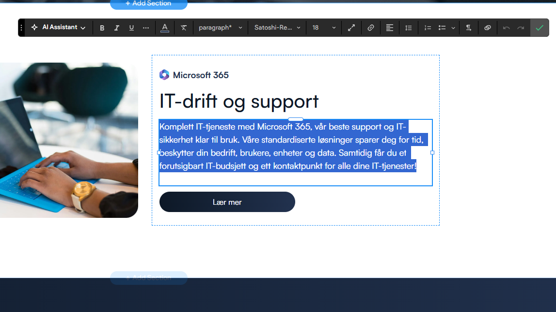 Nettstedsseksjon for «IT-drift og support» med en blå tekstblokk og en mørk knapp ved siden av et bilde av en bærbar PC