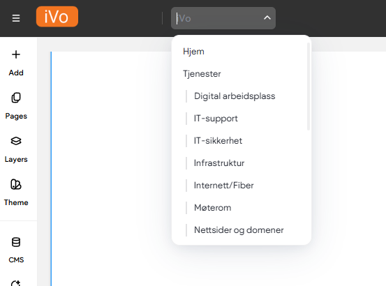 Mørk nettstedredigerer med en åpen rullegardinmeny som viser alternativer for svenske kategorier.