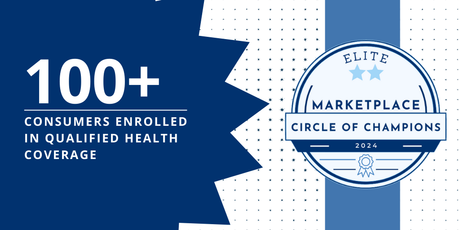 A blue banner that says 100+ consumers enrolled in qualified health coverage