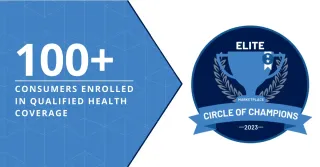 A circle of champions badge that says 100+ consumers enrolled in qualified health coverage