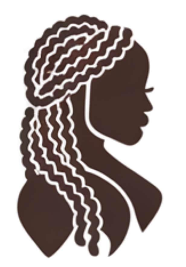 Silhouette of a person with long, braided hair, brown with white outlines, facing right.
