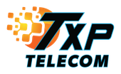 Logo for TXP Telecom: Black TXP letters with blue outline, orange and yellow digital cloud, blue