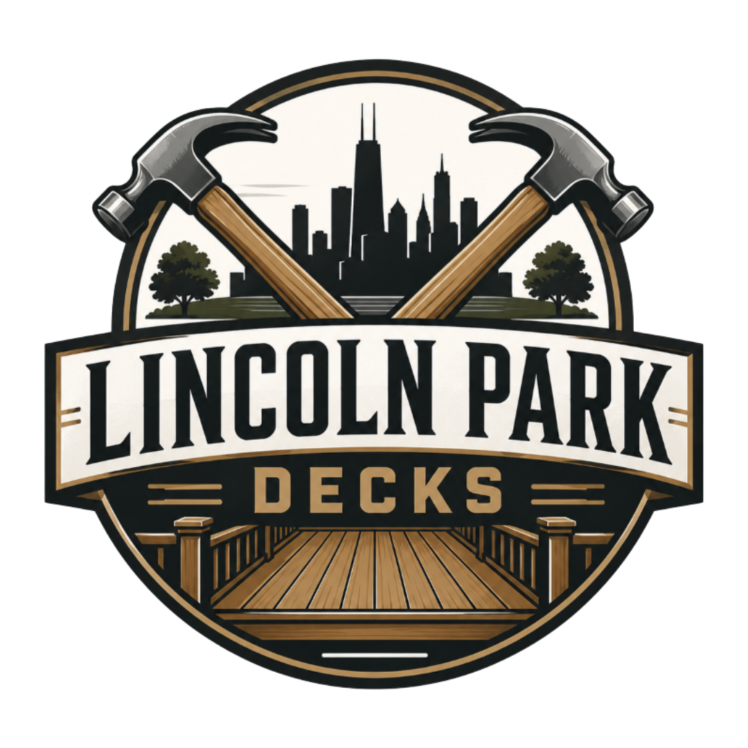 Lincoln Park Decks logo with crossed hammers over a deck and city skyline