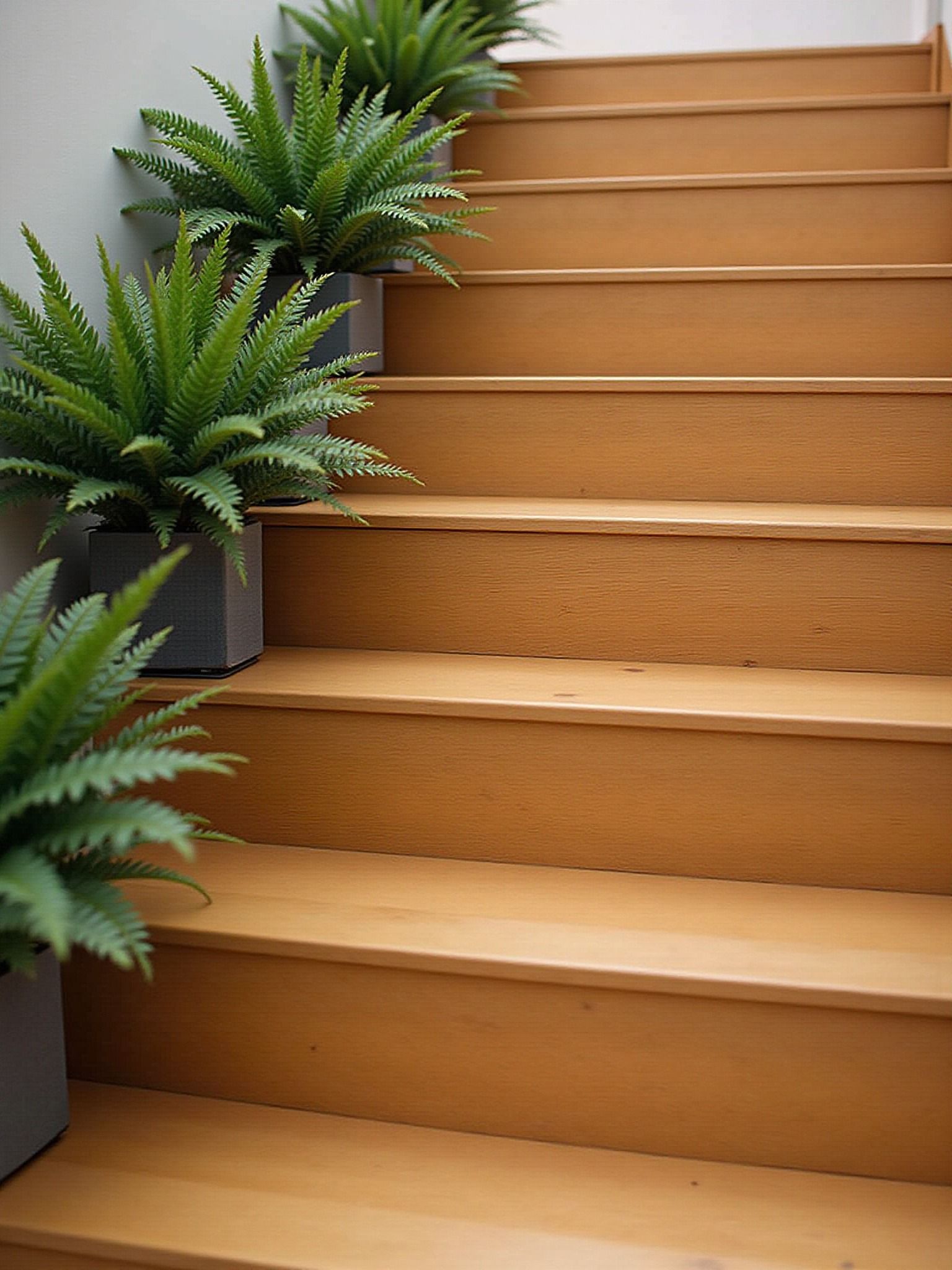 Custom wood stair construction with potted plants by Lincoln Park Decks