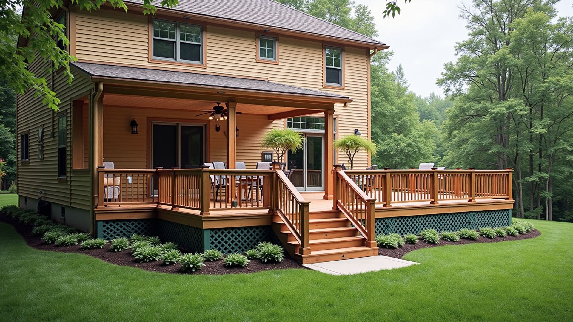 Custom wraparound wood porch with front steps built by Lincoln Park Decks Chicago