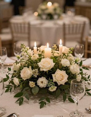 Elegante centrotavola floreale con rose bianche e candele su un tavolo da banchetto durante un evento formale