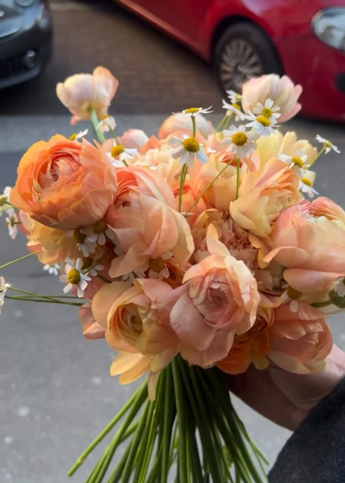 Bouquetto di rose color pesca e piccoli fiori bianchi tenuto in mano su una strada di città