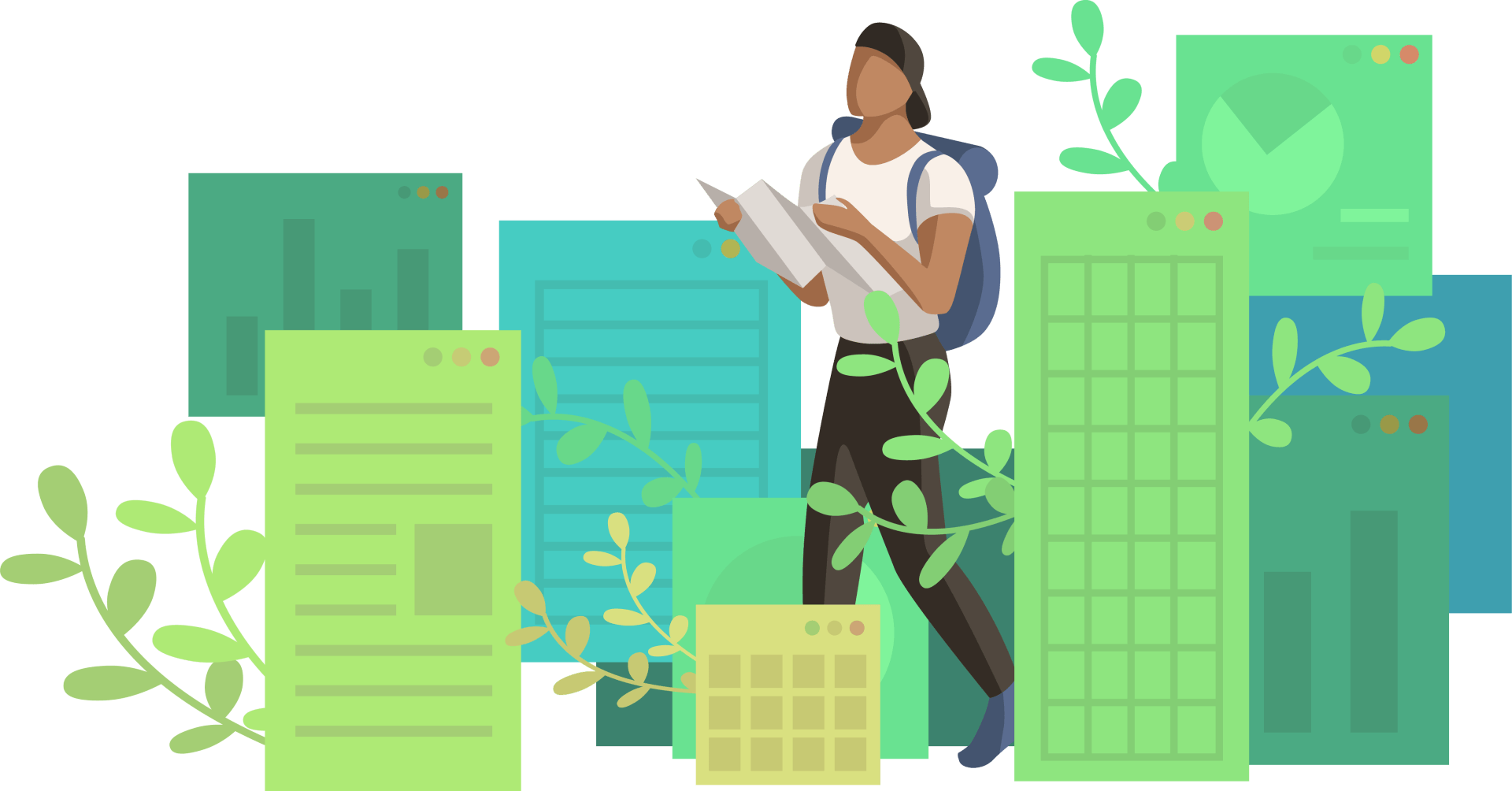 Person with backpack, map, and data screens, surrounded by leafy branches.