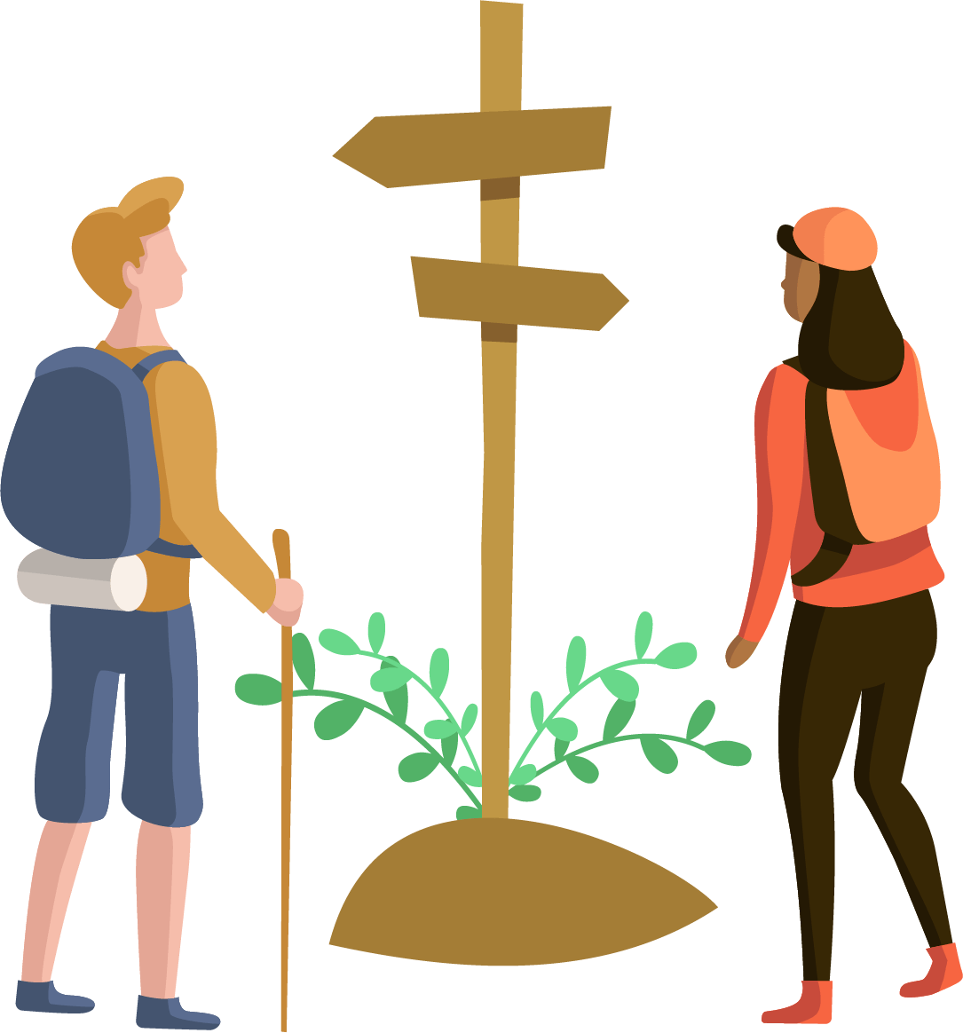 Hikers at a wooden signpost. A man with a backpack and a woman look at the directions.