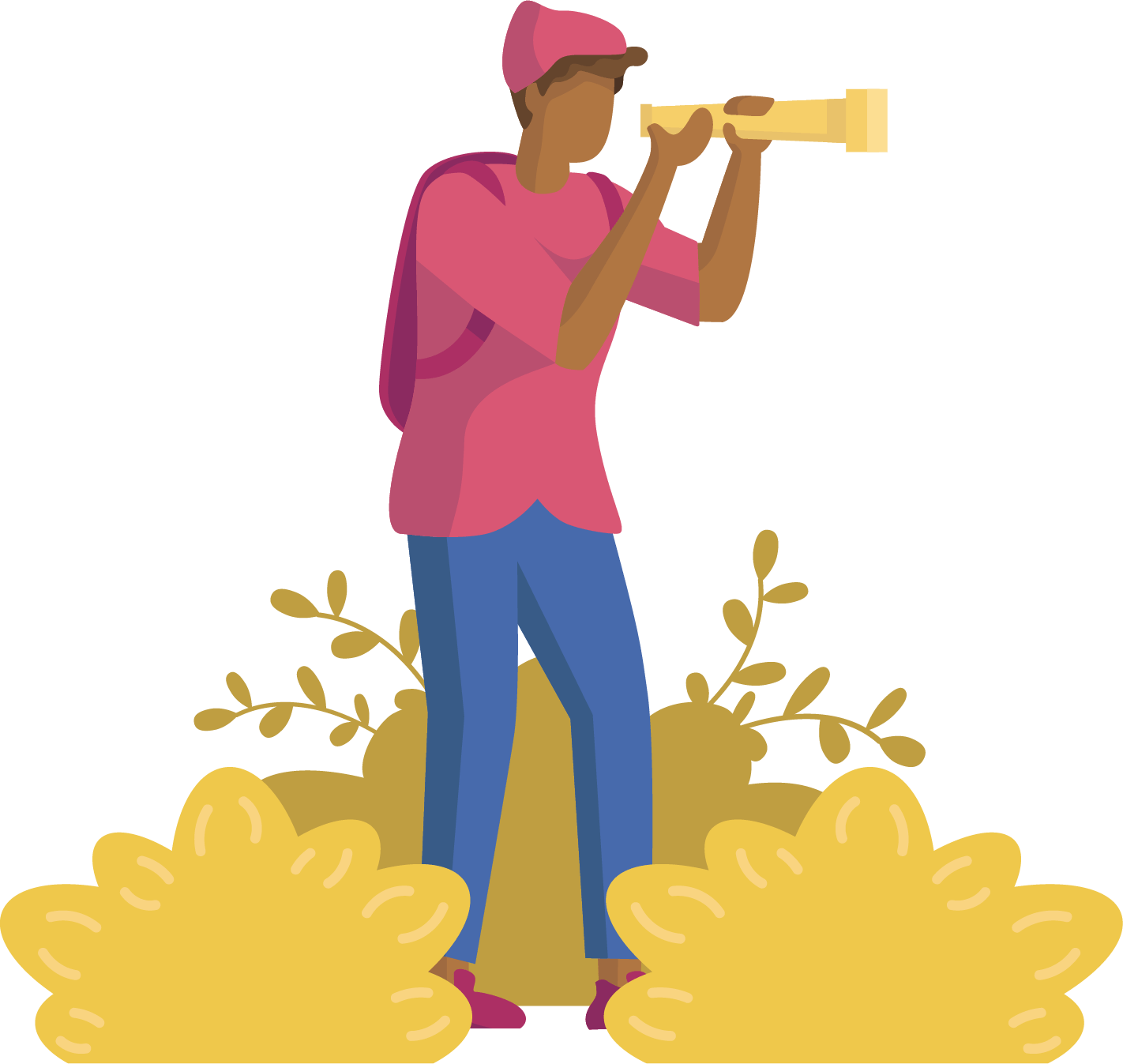 Person in pink shirt and blue pants looking through a telescope, standing behind yellow bushes.