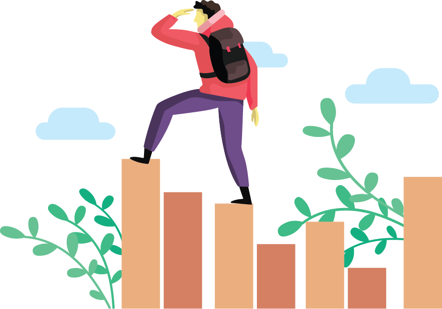 Person hiking up steps, looking ahead, wearing a backpack and red jacket.