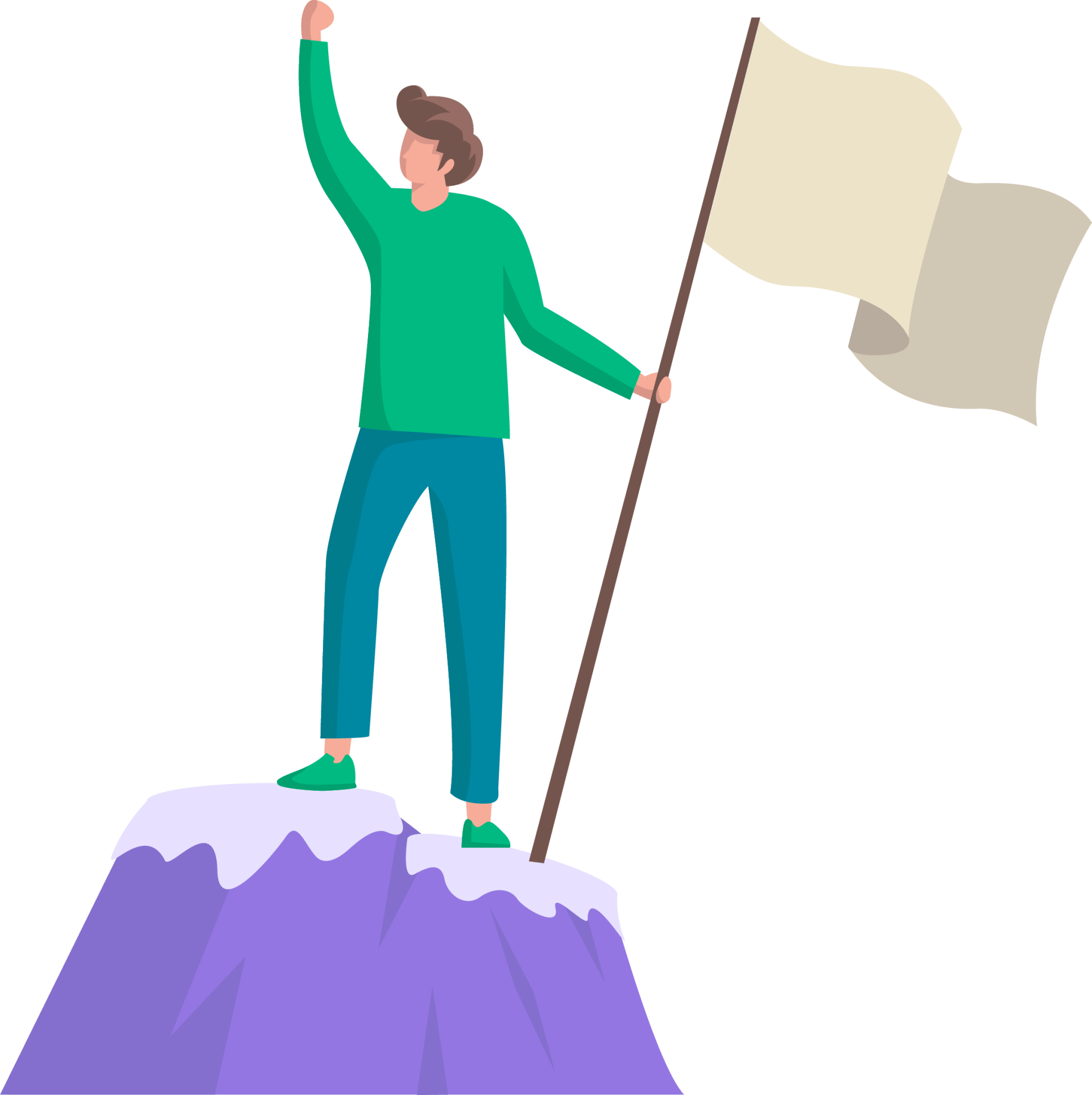 Man with flag on mountain peak, celebrating achievement.