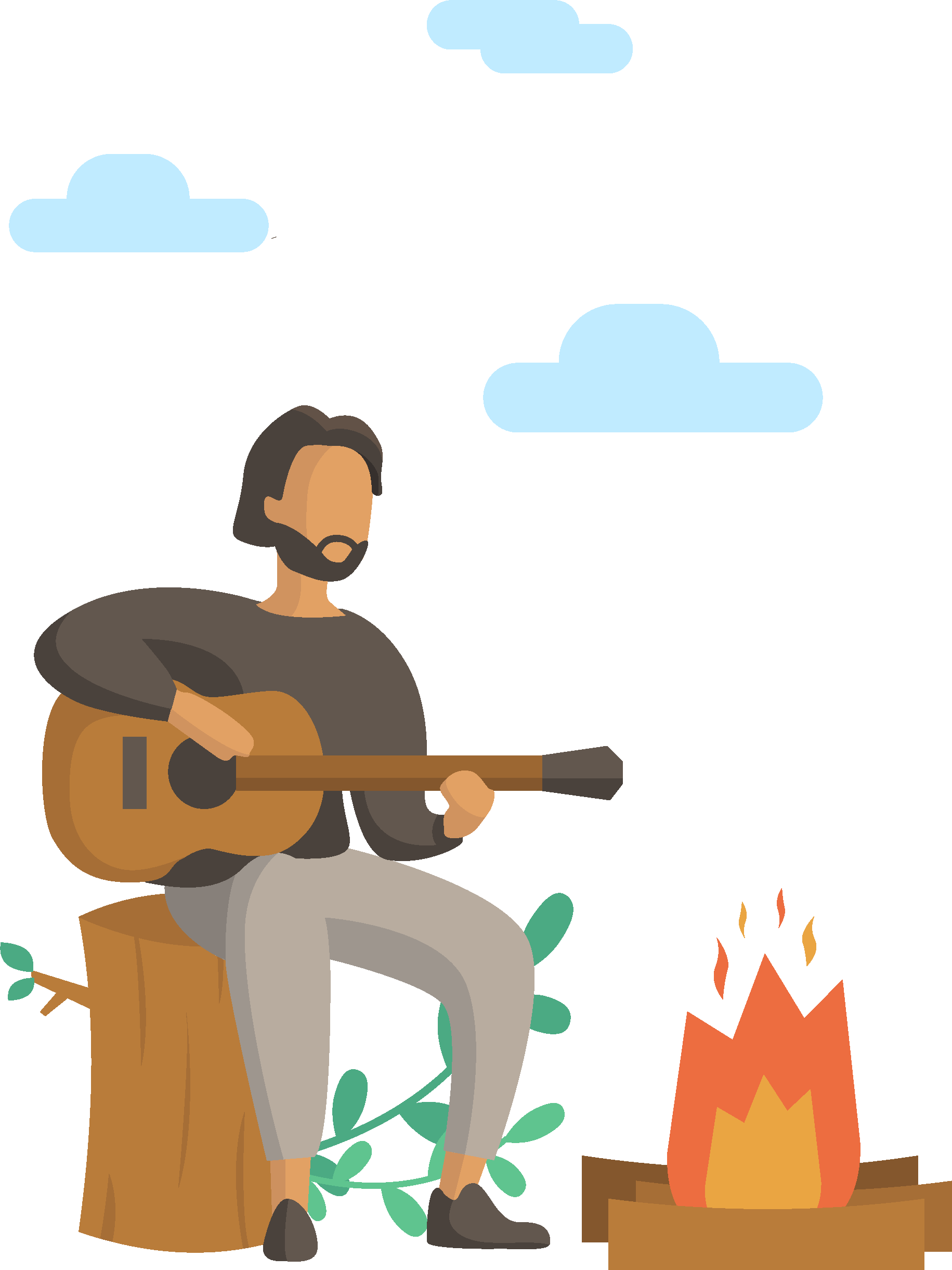 Man playing guitar by a campfire, sitting on a tree stump, under blue clouds.