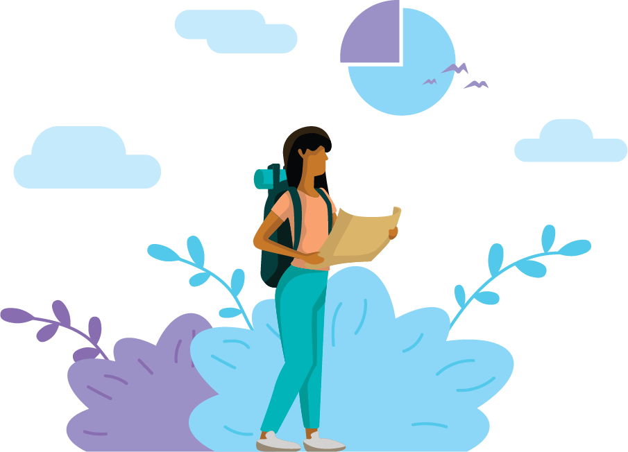 Woman with backpack looking at map, standing in front of bushes and clouds; pie chart in the sky.