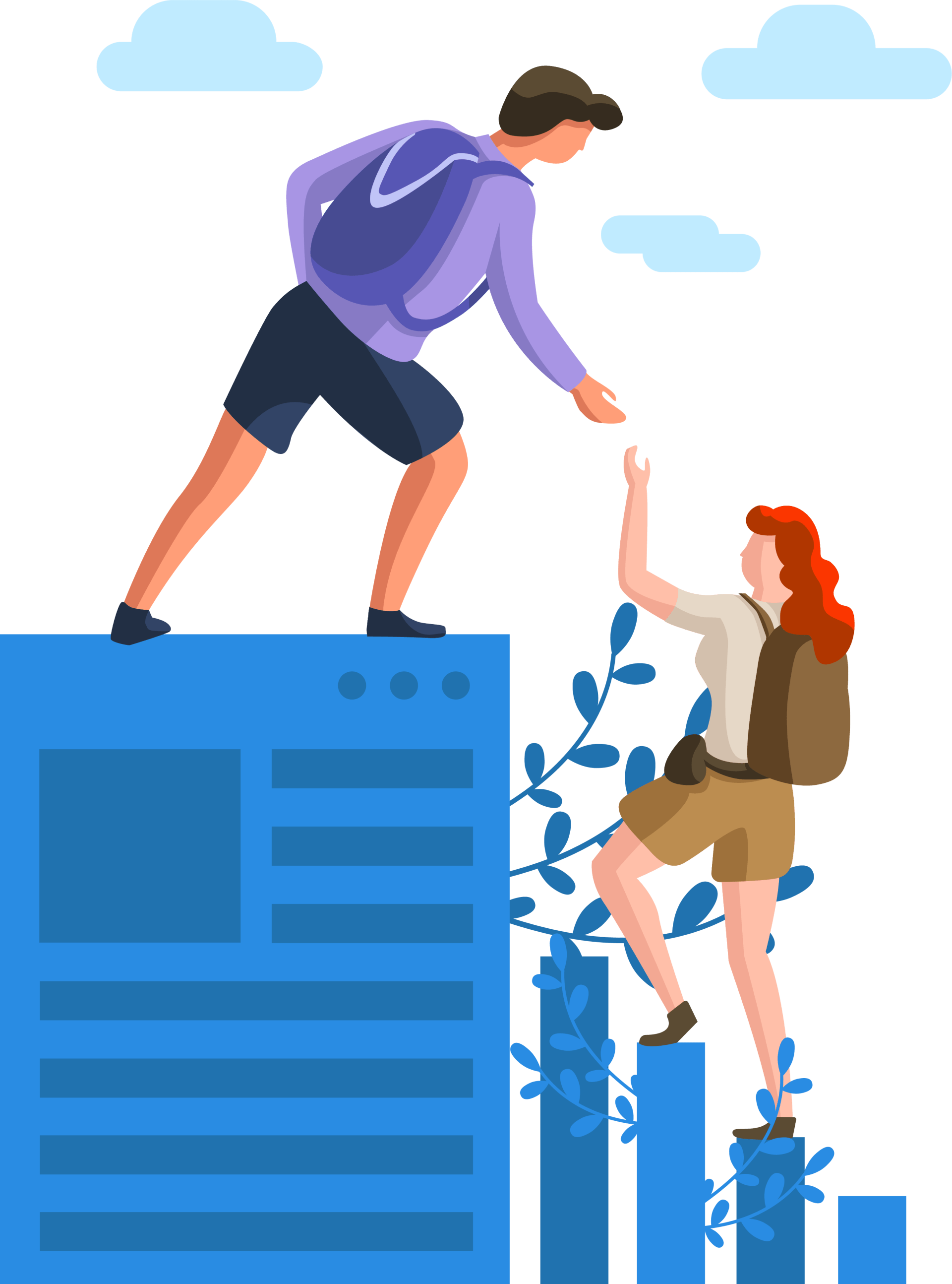 Man helping woman climb, on abstract blue blocks, symbolizing teamwork and support.