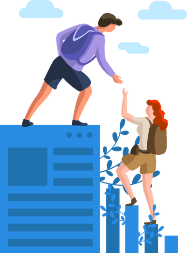 Man helps woman climb a blue structure, symbolizing teamwork and reaching goals.