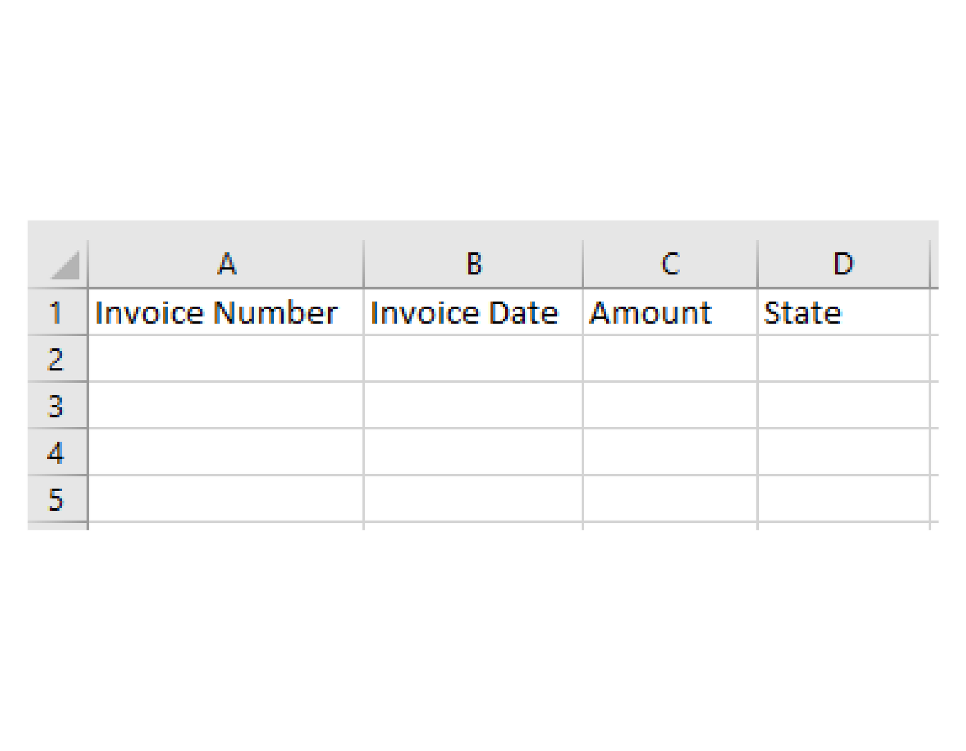 A spreadsheet with columns for invoice number, date, amount, and state; rows are empty.