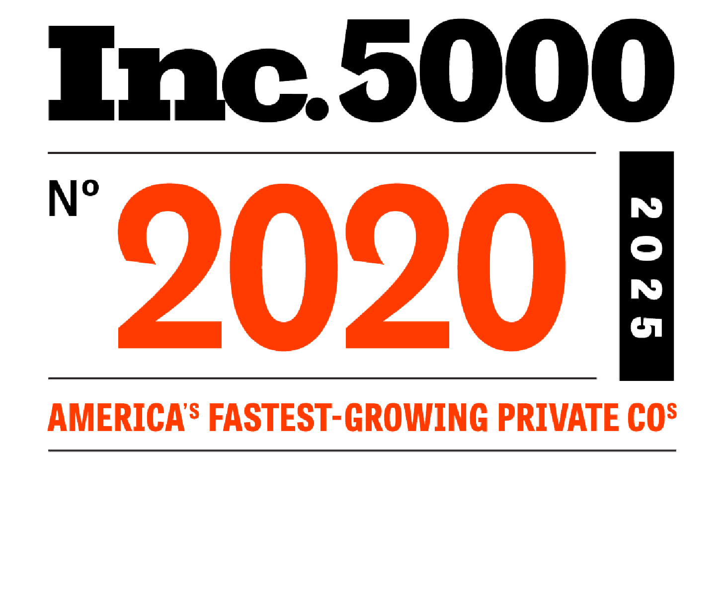 Inc. 5000 logo: Ranked No. 2020 for 2020, America's Fastest-Growing Private Companies.