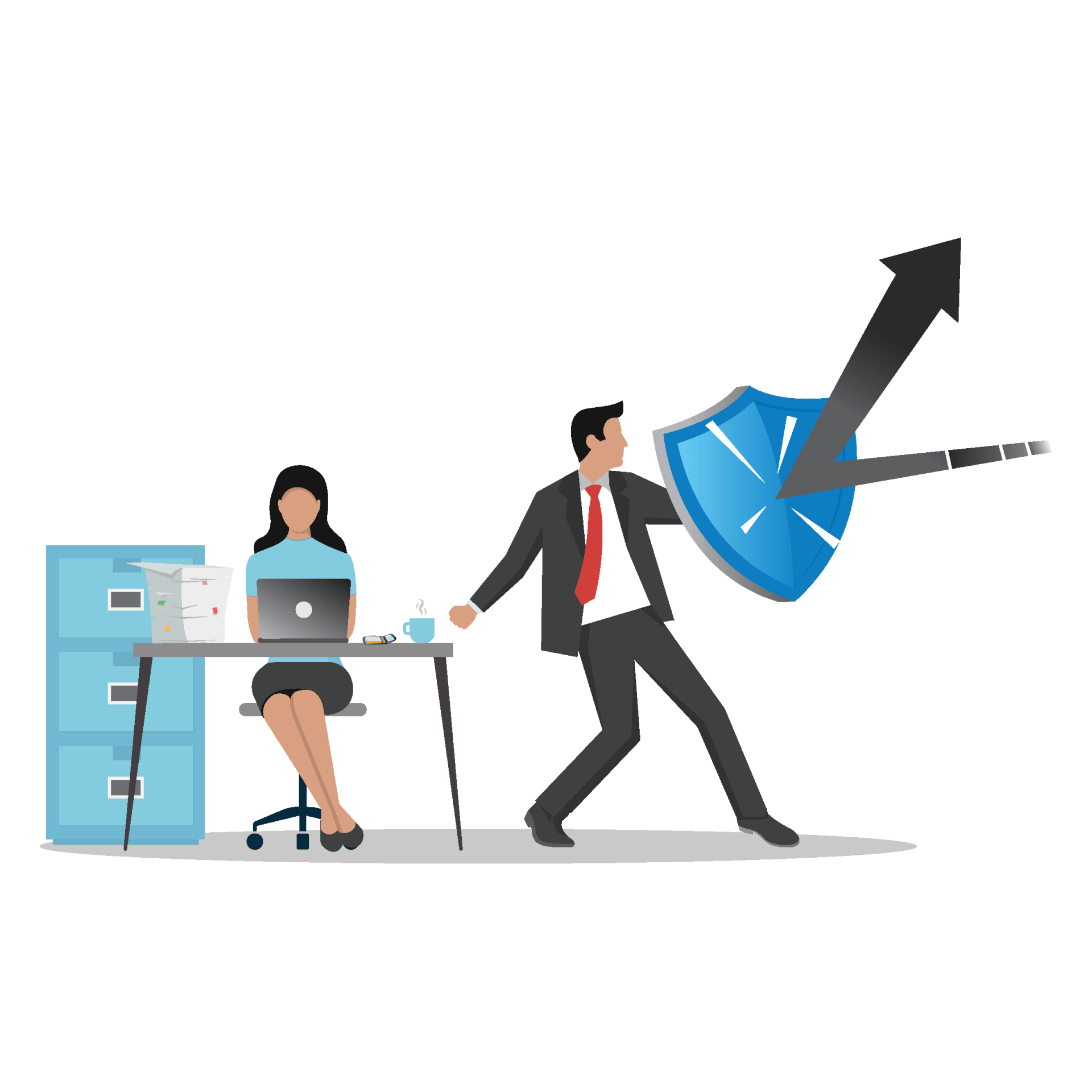 Man protecting woman at desk with a shield; an arrow deflects off the shield.