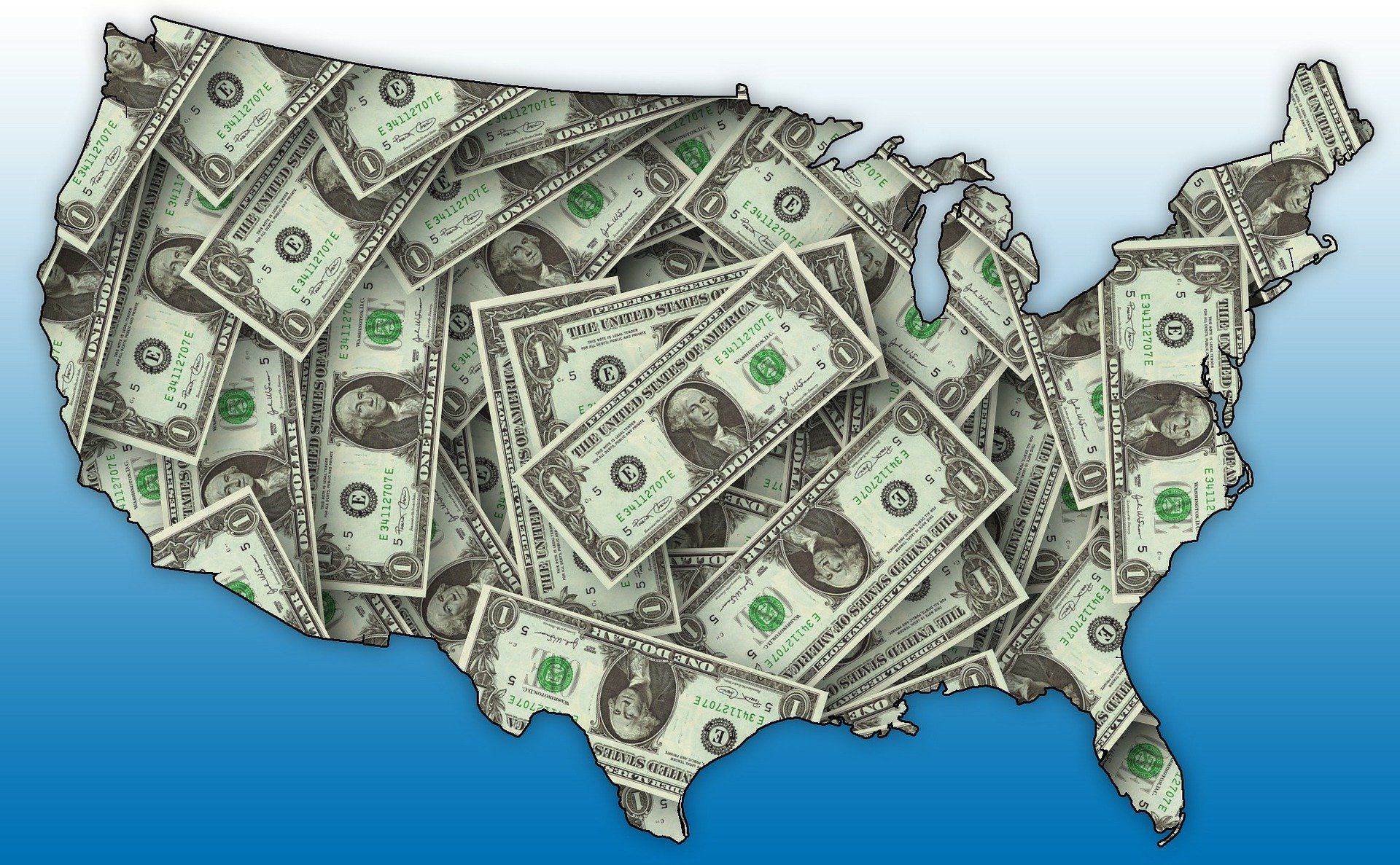 United States map filled with US dollar bills.