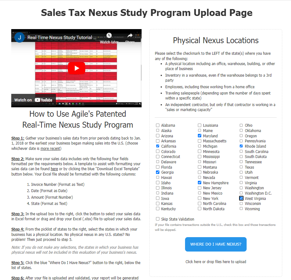 Webpage showing a sales tax nexus study program. Instructions and physical nexus location options are displayed.