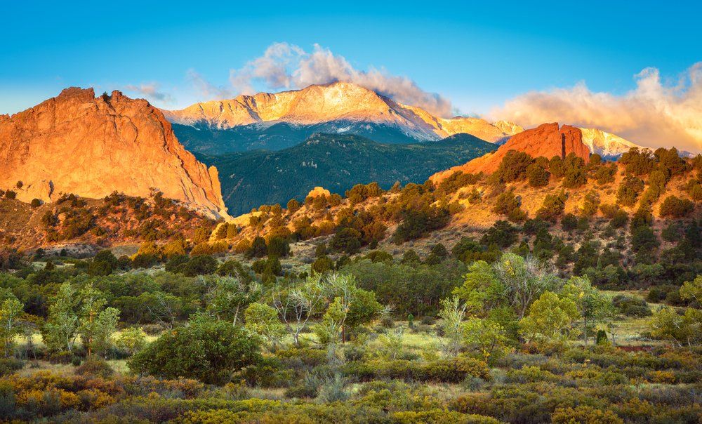 Mountains at sunrise, illuminated in orange and gold, with foreground of green vegetation.