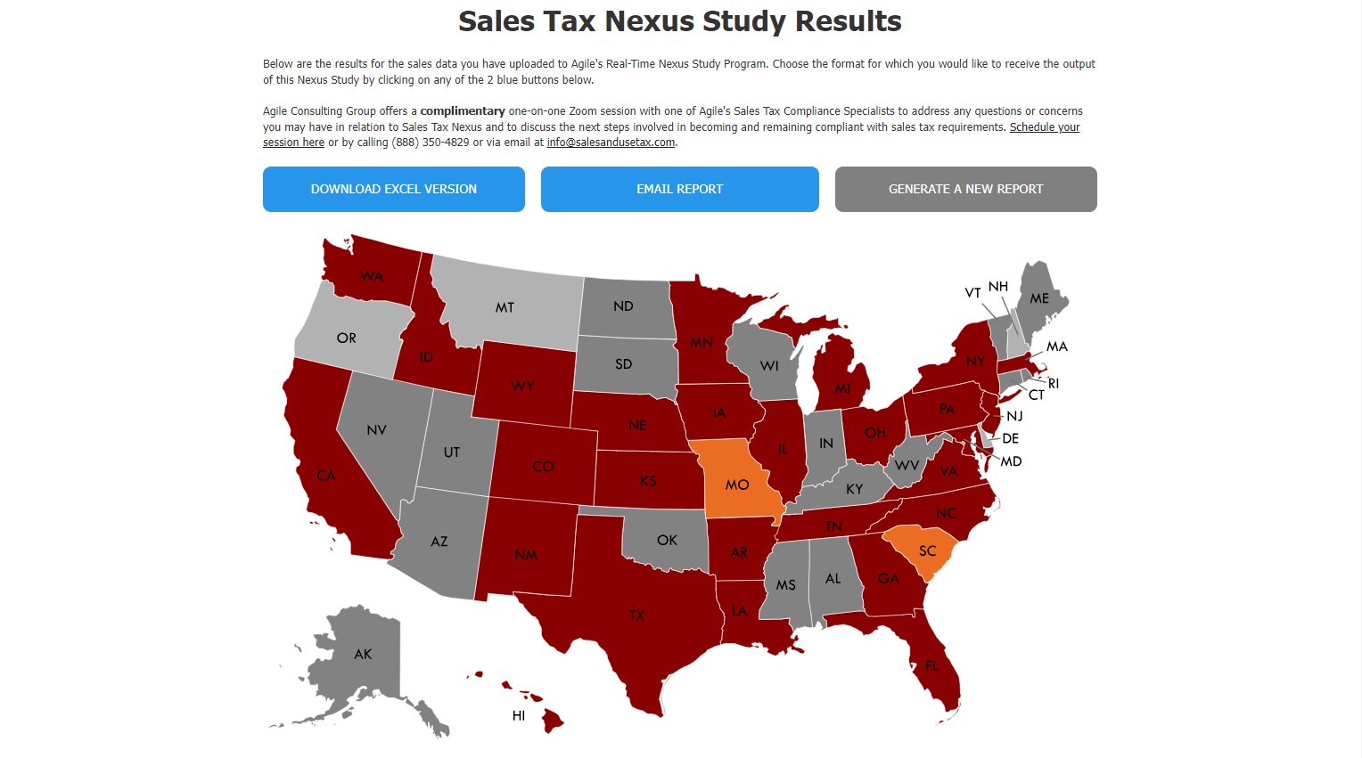 US map showing states with sales tax nexus. Red states, grey states, and orange states.